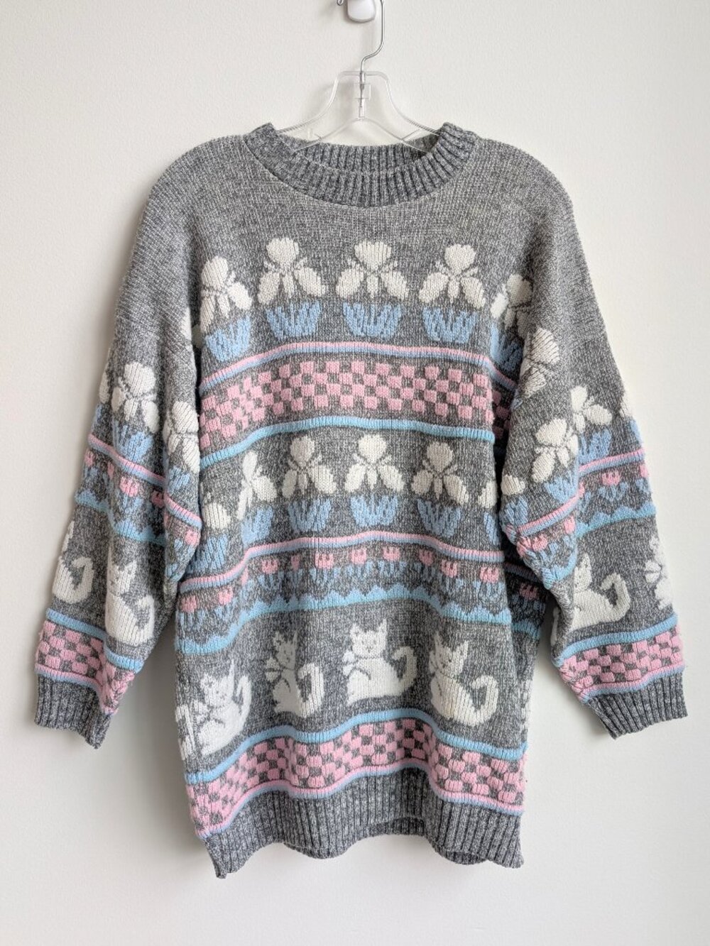 Vintage 80s Pastel Cat and Iris Novelty Knit Sweater, Oversized